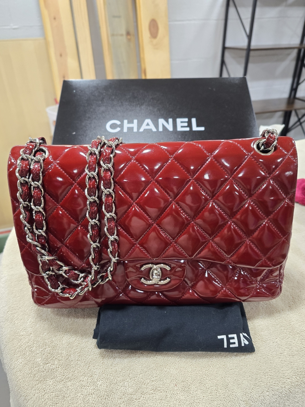 CHANEL Quilted Patent Leather Jumbo Double Flap Shoulder Bag Full Inclusion